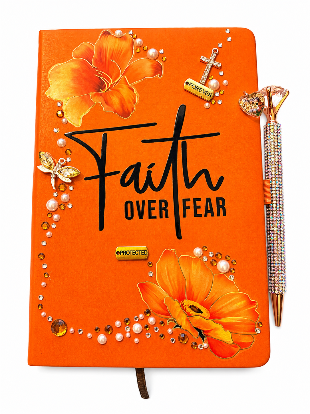 Faith Over Fear luxury handcrafted Christian journal featuring orange floral artwork, crystal cross, rhinestones, pearls, inspirational charms, and a coordinating bling pen by Wrapping Angels.c