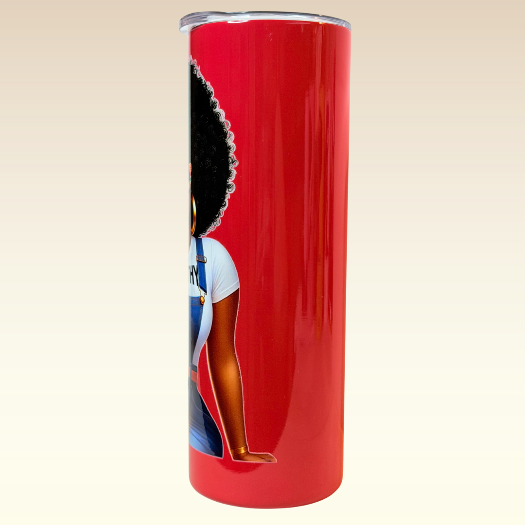 affirmation tumbler for women with full wrap red design and Afro-inspired artwork representing empowerment and confidence