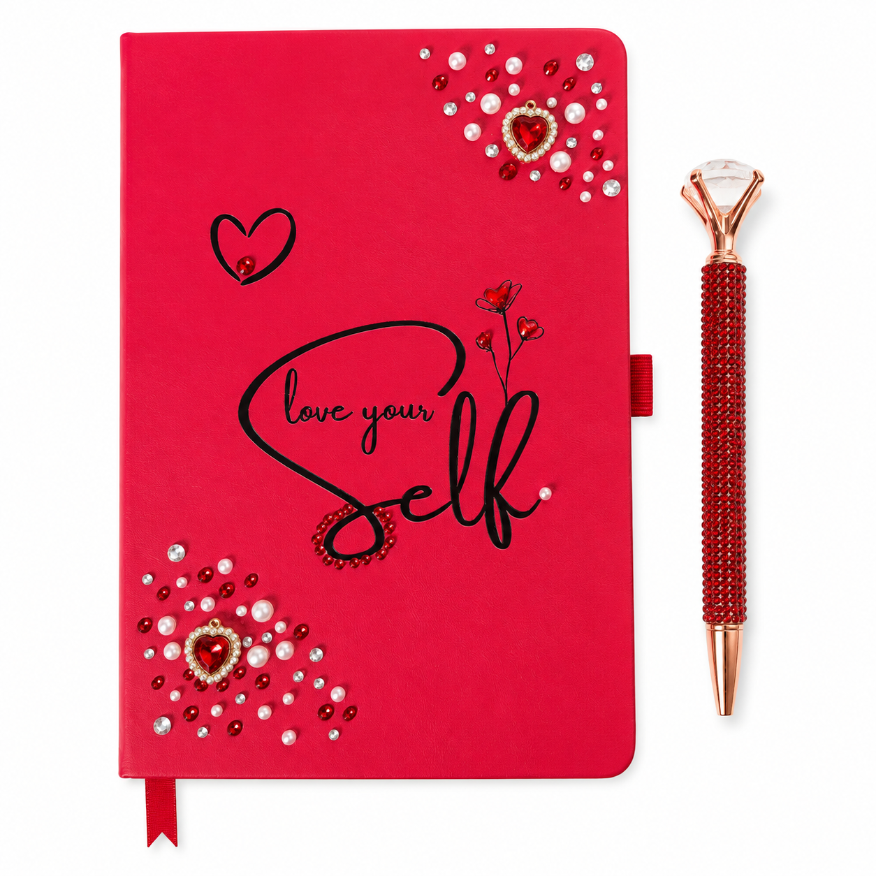 Red self love journal for women with heart gems pearls rhinestones and matching jeweled pen