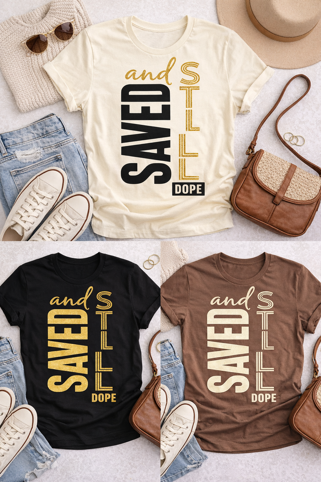 Saved and Still Dope tee Christian inspirational shirt cream black and brown color options flat lay display