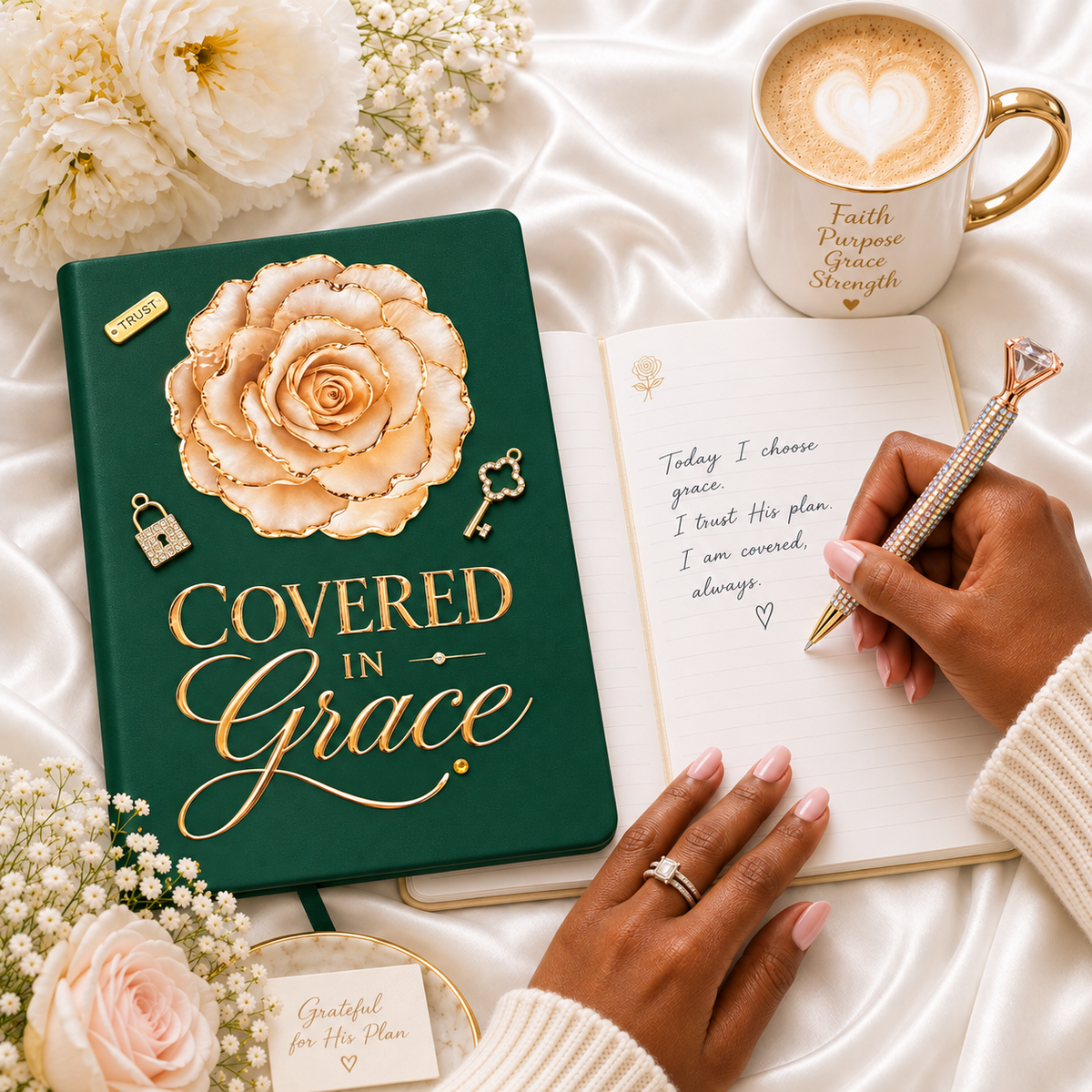 Covered in Grace journal in hunter green with gold lettering, raised floral embellishment, and matching rhinestone pen