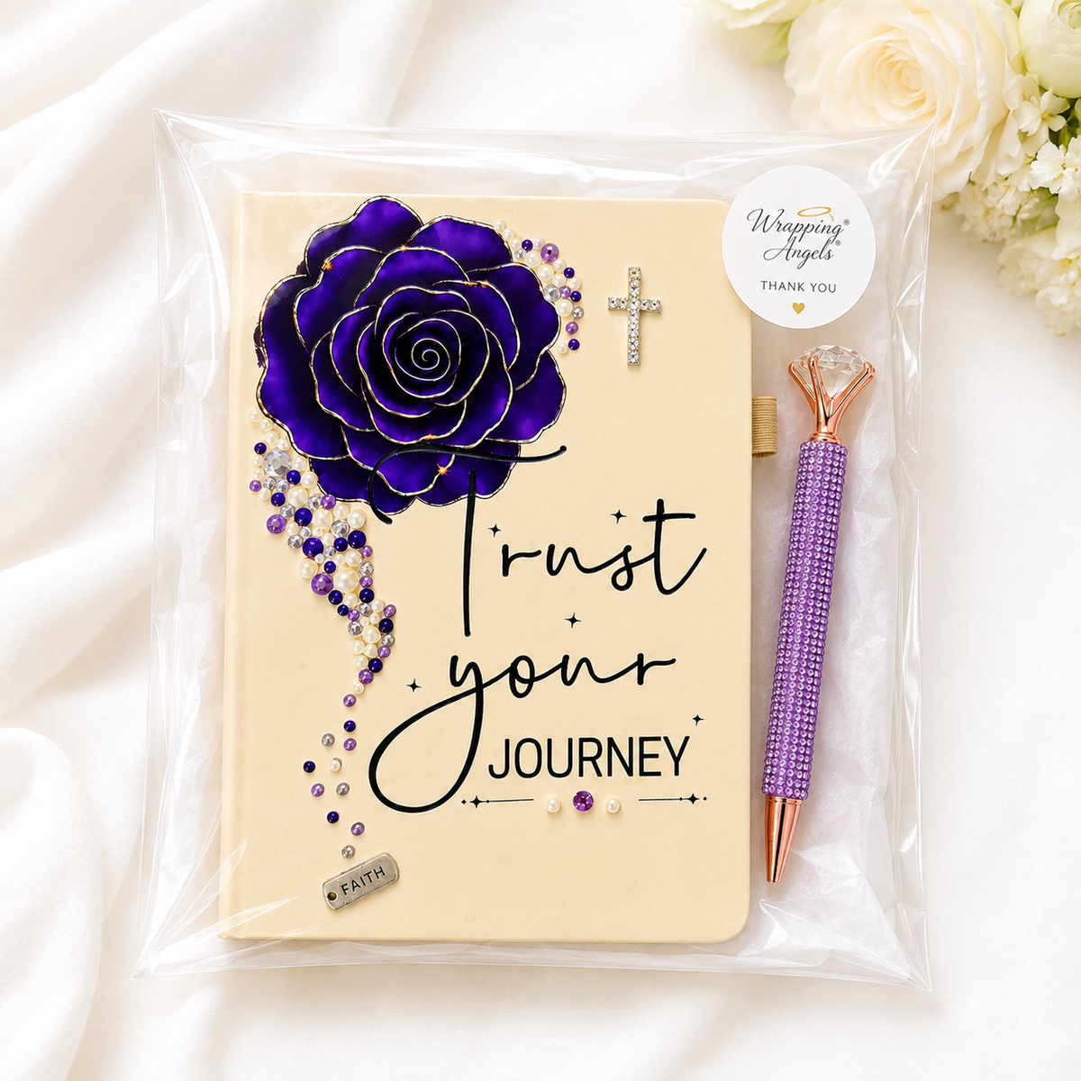 purple Christian journal with beige cover, purple rose, rhinestone cross, beaded accents, and Trust Your Journey lettering