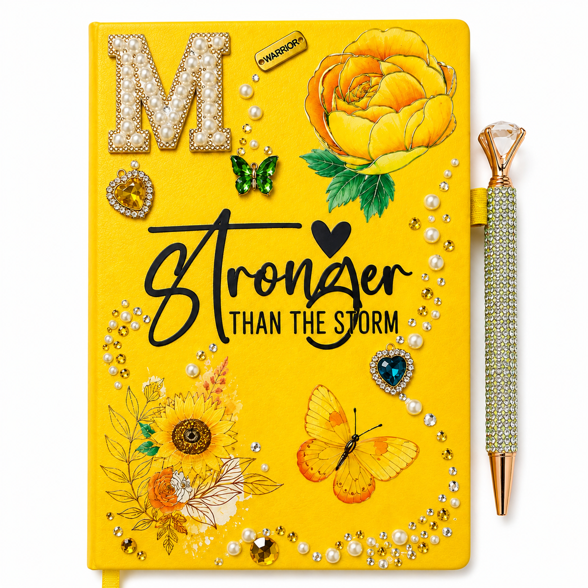 Stronger Than the Storm yellow handcrafted journal with pearl M initial, floral artwork, butterflies, rhinestones, and pen