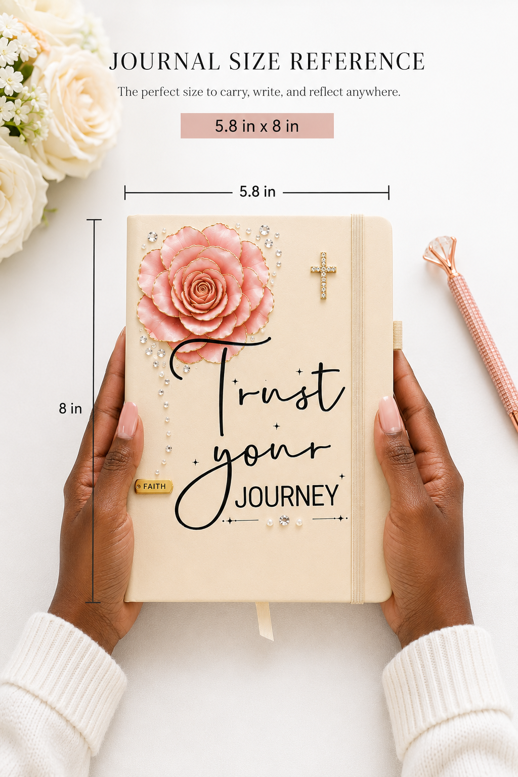 Trust Your Journey journal with beige cover, pink rose, gold cross, rhinestone accents, and handwritten lettering