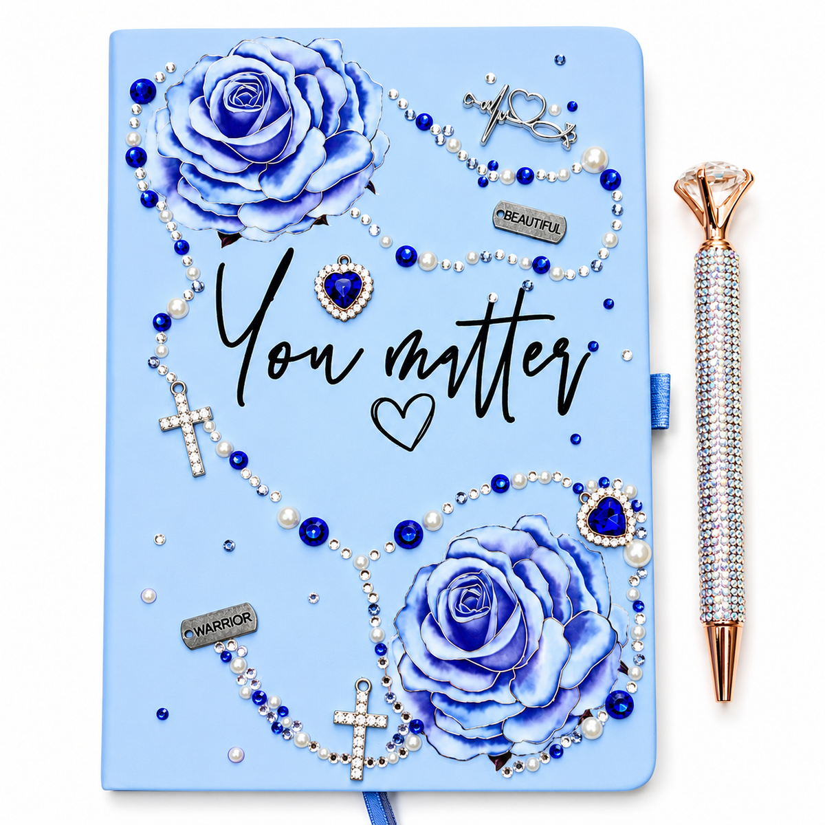 You Matter Luxury Handcrafted Journal in blue with rose artwork, pearl and rhinestone embellishments, cross charms, and bling pen
