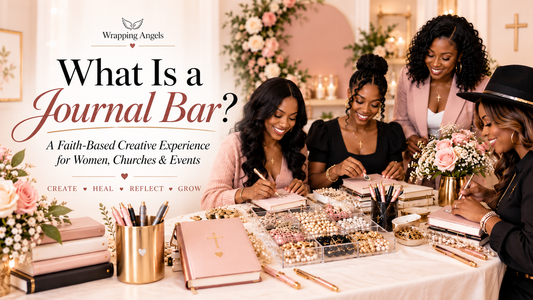 What Is a Journal Bar? A Faith-Based Creative Experience for Women, Churches & Events title card beside women journaling with pens, notebooks and craft supplies
