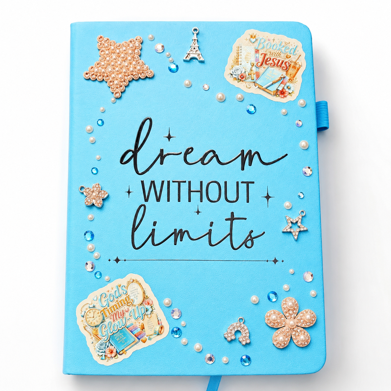Faith & Flow Vegan Journal Collection featuring decorated 366-page vegan Christian journals with faith stickers, pearls, rhinestones, charms, and soft glam details.