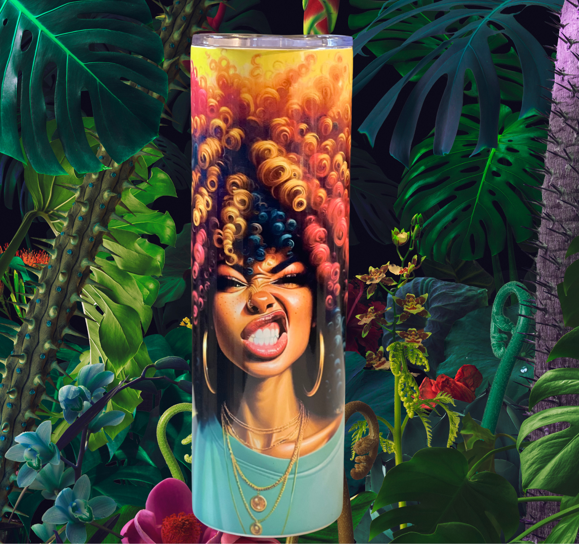 Colorful Afrocentric tumbler with vibrant curly hair design on a beach background.