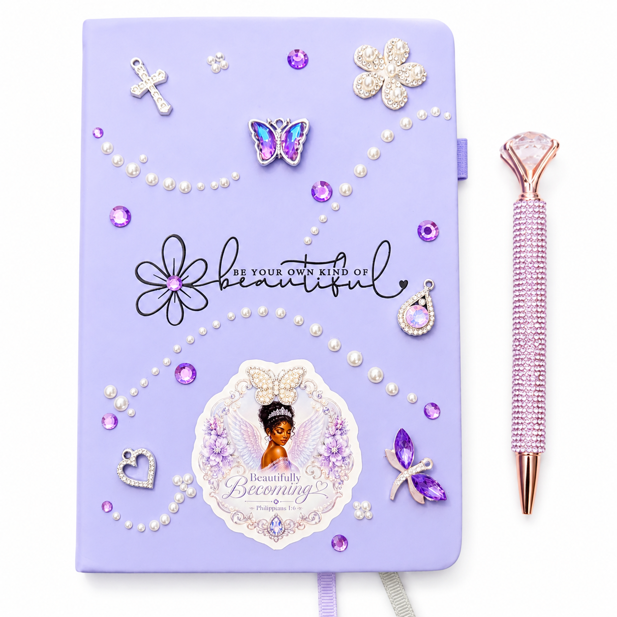 Beautifully Becoming vegan lavender faith journal with 366 pages, matching bling pen, pearl accents, purple rhinestones, butterfly charms, cross charm, and Philippians 1:6 artwork.
