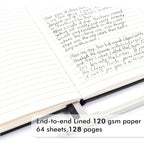 Black A5 notebook with feature callouts including pen holder, bookmark ribbons, inner pocket, elastic closure, date headers, and front page layout.