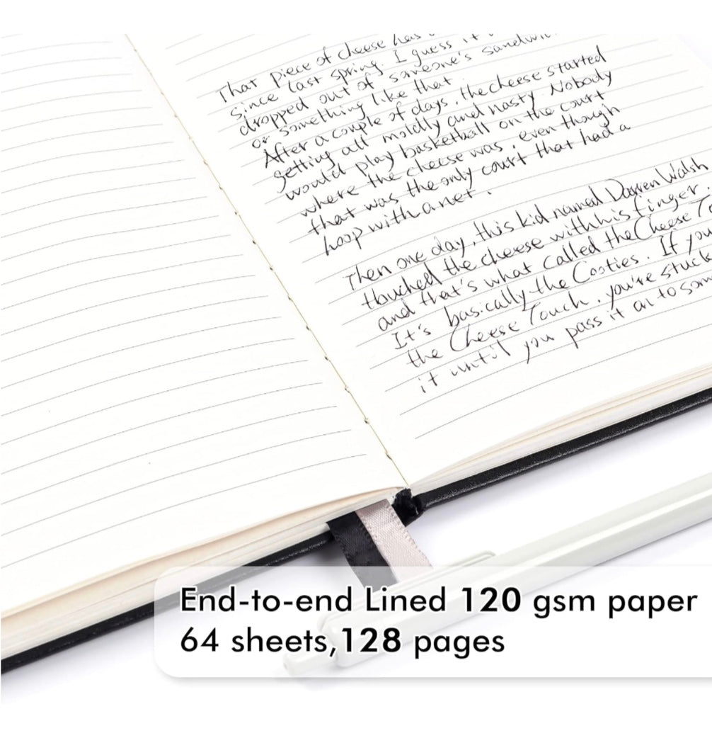 Black A5 notebook with feature callouts including pen holder, bookmark ribbons, inner pocket, elastic closure, date headers, and front page layout.