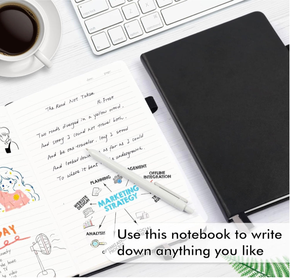 Black notebook on a desk with a cup of coffee, pen, and open notebook with writing and diagrams.