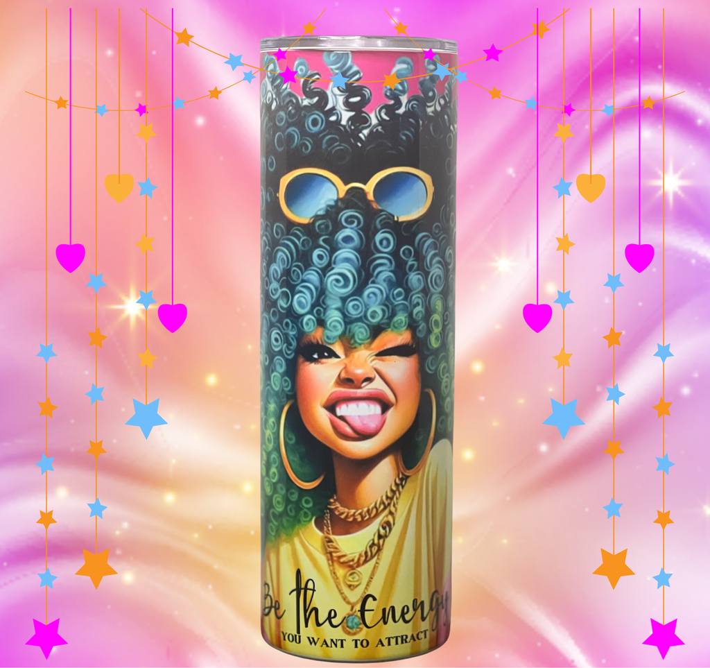 Woman with teal and blue textured hair wearing gold hoops and sunglasses on a vibrant pink and orange background.