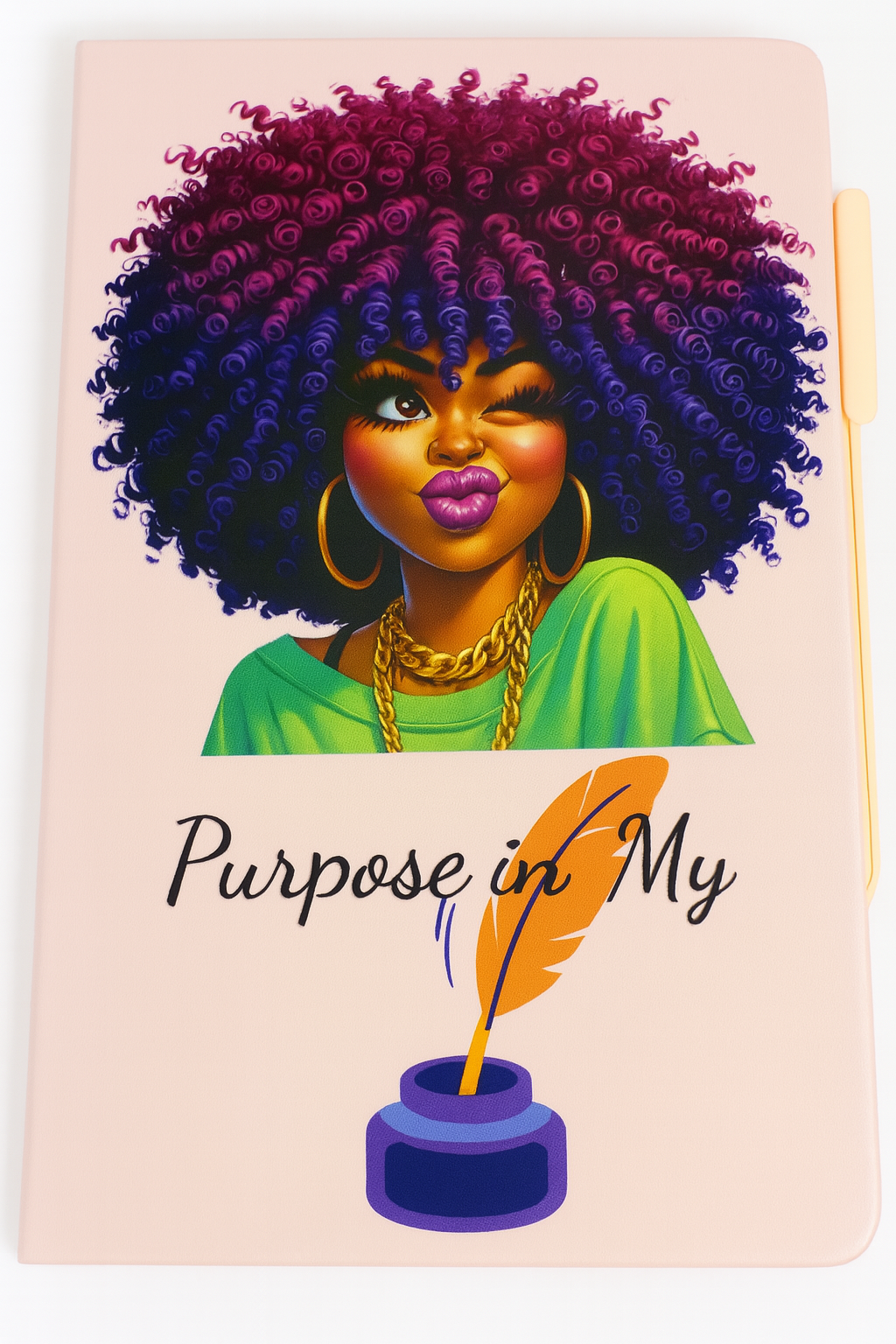 Notebook with a colorful illustration of a woman with an afro and the text 'Purpose is in My'.