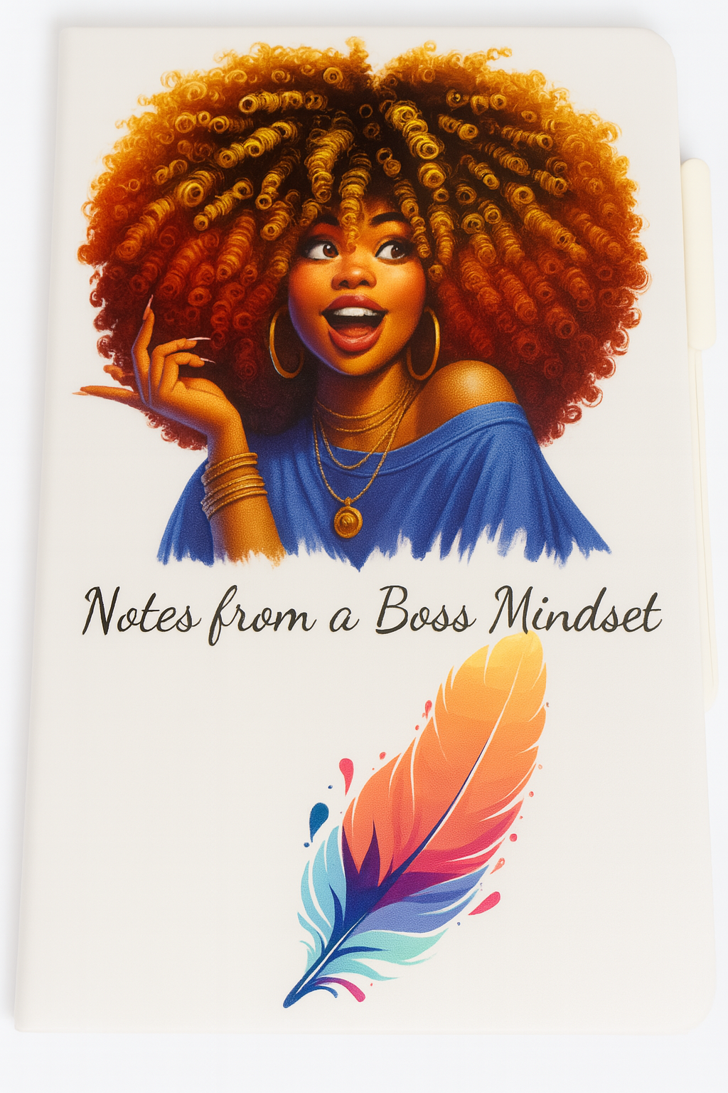 Notebook cover with illustration of a woman with an afro and text 'Notes from a Boss Mindset' on a white background.