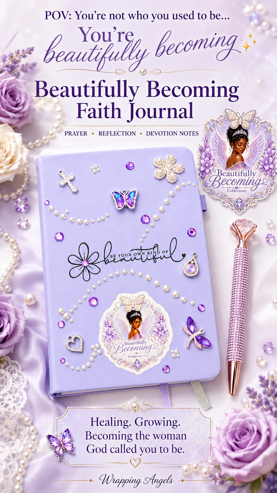 Beautifully Becoming Vegan Lavender Faith Journal Gift Set with Bling Pen