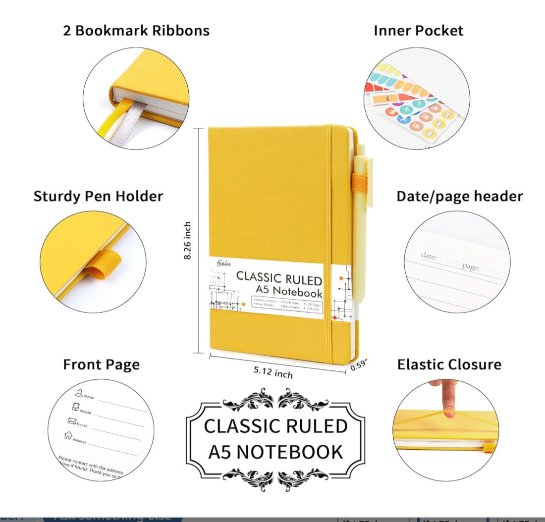 “Classic A5 yellow ruled notebook with elastic closure, sturdy pen holder, 2 bookmarks, inner pocket, date/page header, and 8.26 x 5.12 inch size”er