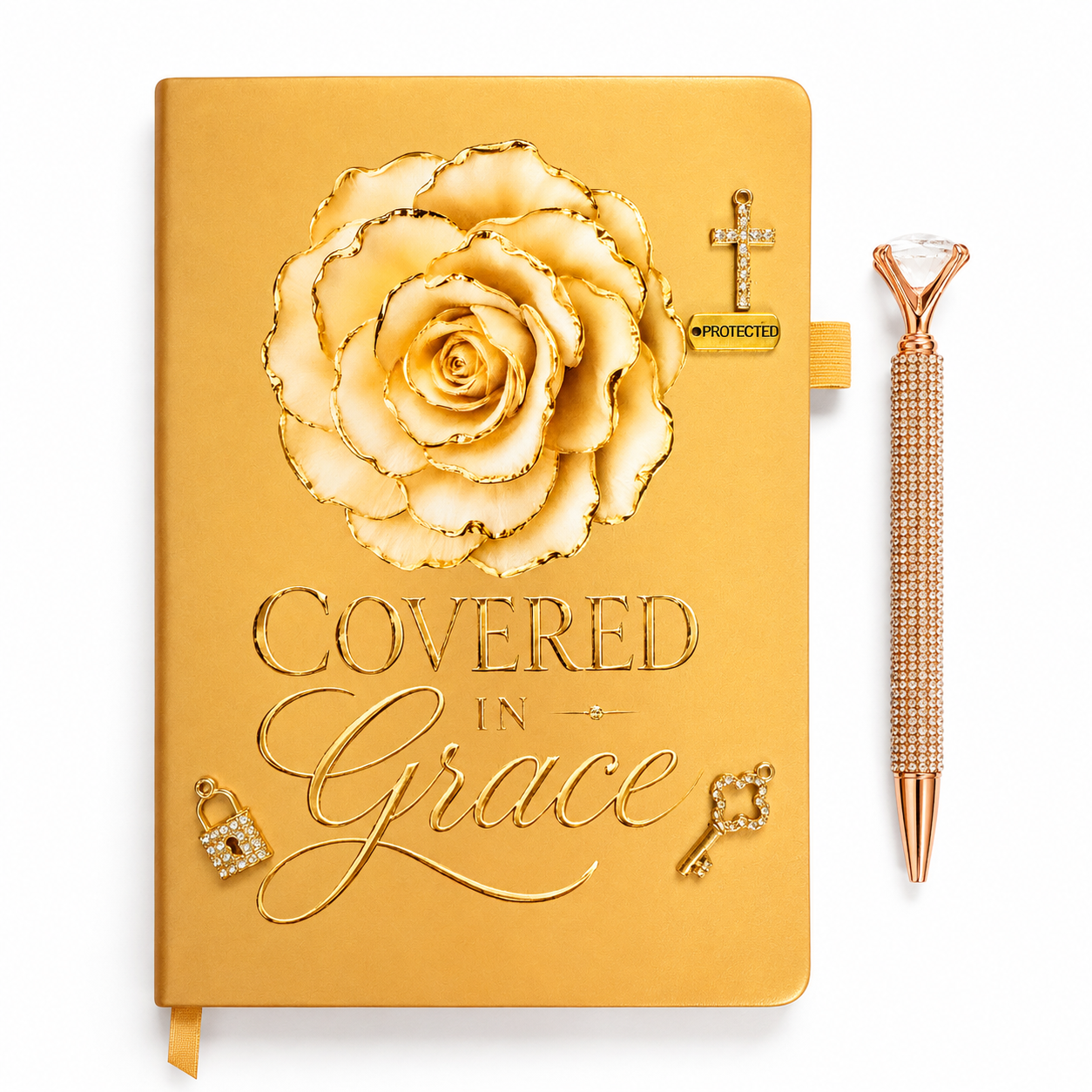 Covered in Grace gold Christian journal for women with white rose, rhinestone cross, lock and key charms, and jeweled pen.