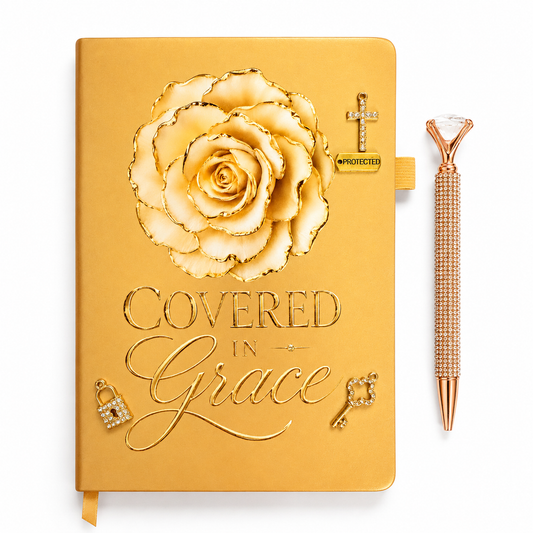 Covered in Grace gold Christian journal for women with white rose, rhinestone cross, lock and key charms, and jeweled pen.