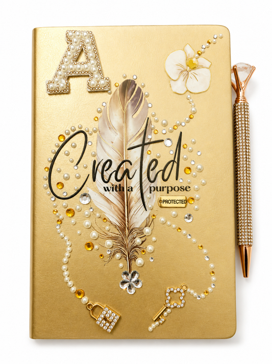 Created With a Purpose luxury handcrafted gold journal with crystal bling pen, pearl embellishments, feather design, inspirational Christian notebook by Wrapping Angels