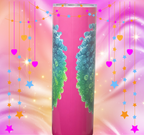 Back view of pink cup showing mirrored teal and green textured hair artwork on a pastel swirl background.