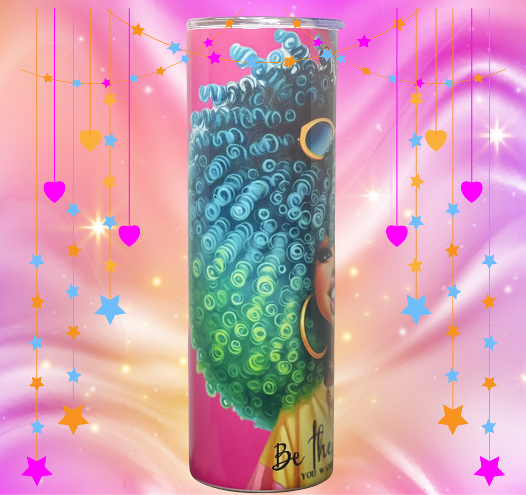 Left-side angle showing voluminous teal and green textured hair artwork with floating stars and hearts.