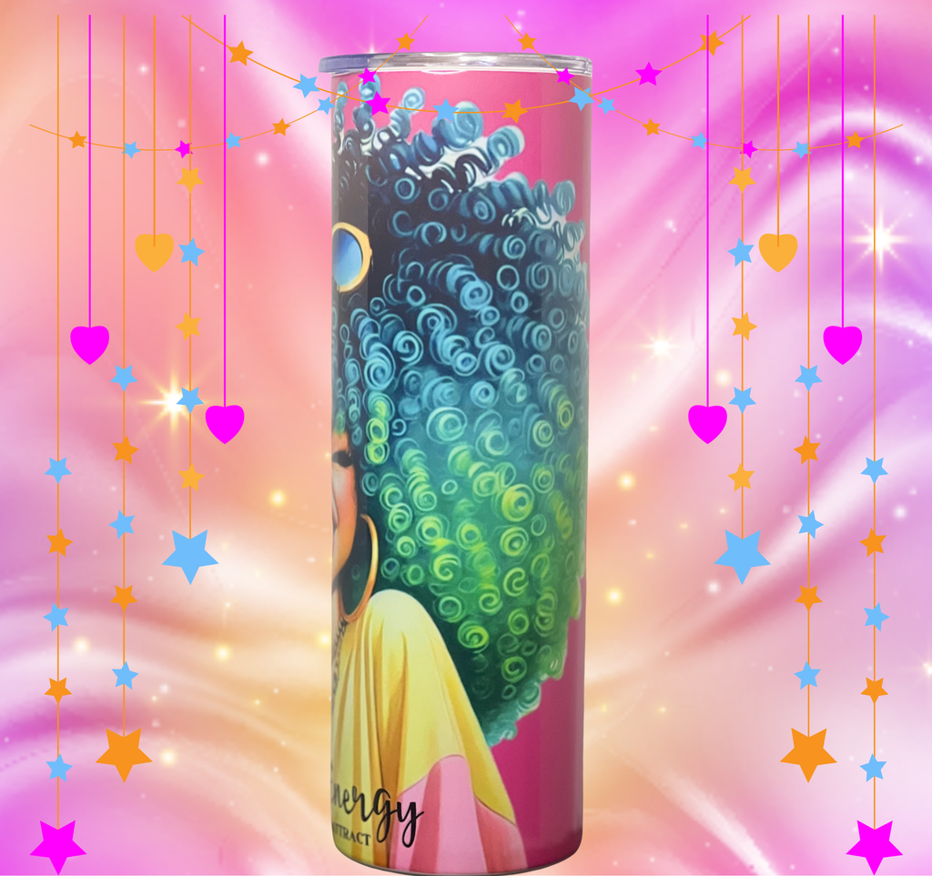 Side view of vibrant pink cup displaying detailed teal, blue, and green textured hair design against a glowing background.