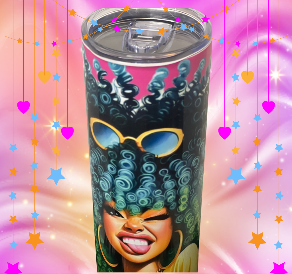Close-up top angle with teal and blue textured hair illustration and gold sunglasses on a pink cup over a glowing background.