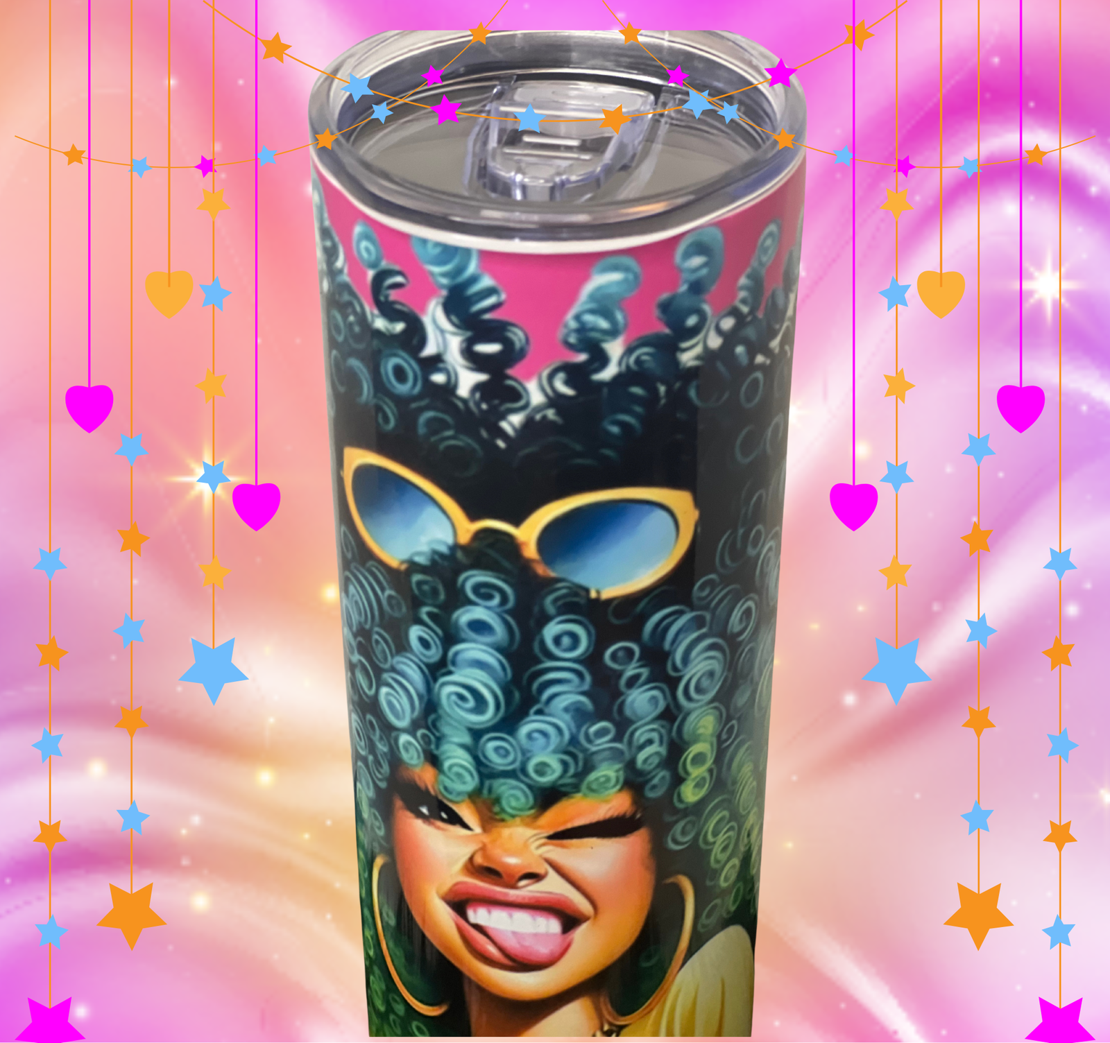 Close-up top angle with teal and blue textured hair illustration and gold sunglasses on a pink cup over a glowing background.