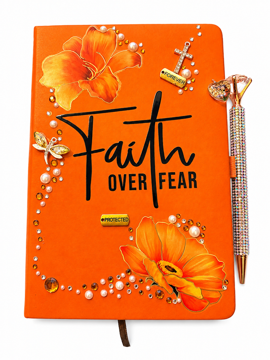 Faith Over Fear luxury handcrafted Christian journal featuring orange floral artwork, crystal cross, rhinestones, pearls, inspirational charms, and a coordinating bling pen by Wrapping Angels.c