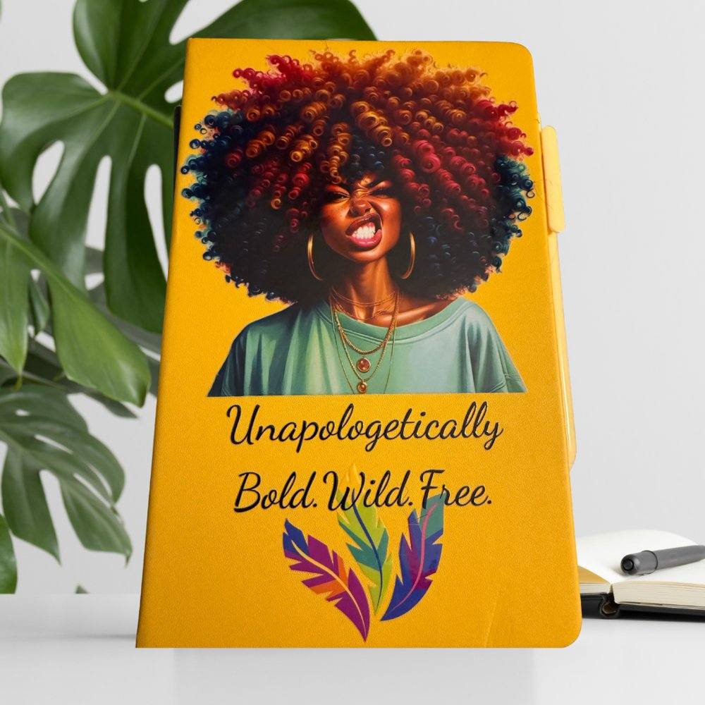 Yellow “Unapologetically Bold” journal with afro art and fierce expression.