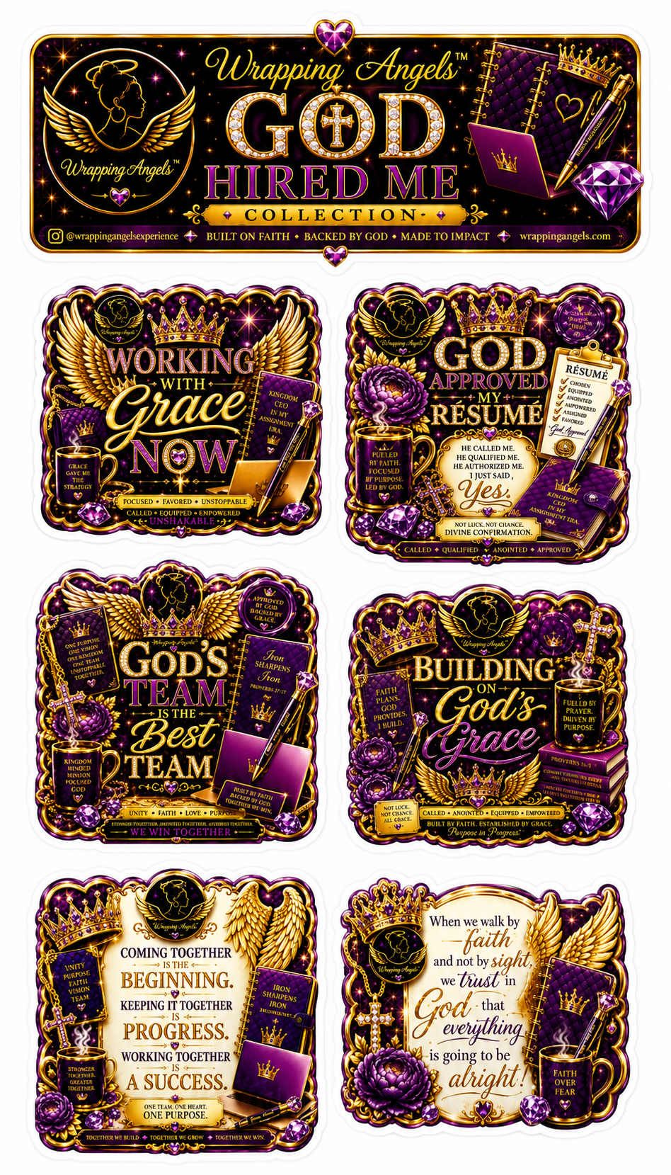 God Hired Me Collection luxury Christian sticker sheet featuring faith-inspired stickers including Working With Grace Now, God Approved My Resume, God's Team Is The Best Team, Building On God's Grace, faith quotes, crowns, journals, coffee mugs, purple and gold Christian artwork displayed on a premium white 4x7 sticker sheet layout.