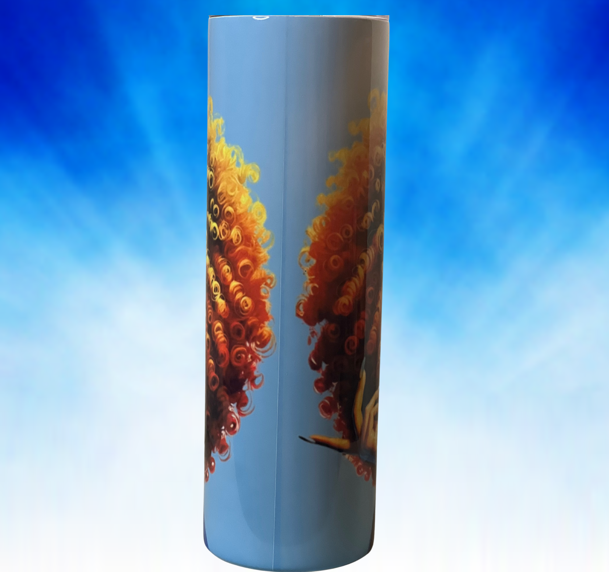 Back view showing full wrap artwork with bright blue background and flowing golden curls.