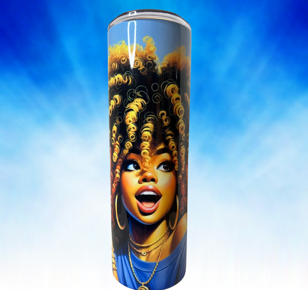 Front view of Golden Glow tumbler featuring confident Black woman with golden curls, blue top, and radiant expression on a bright blue background.