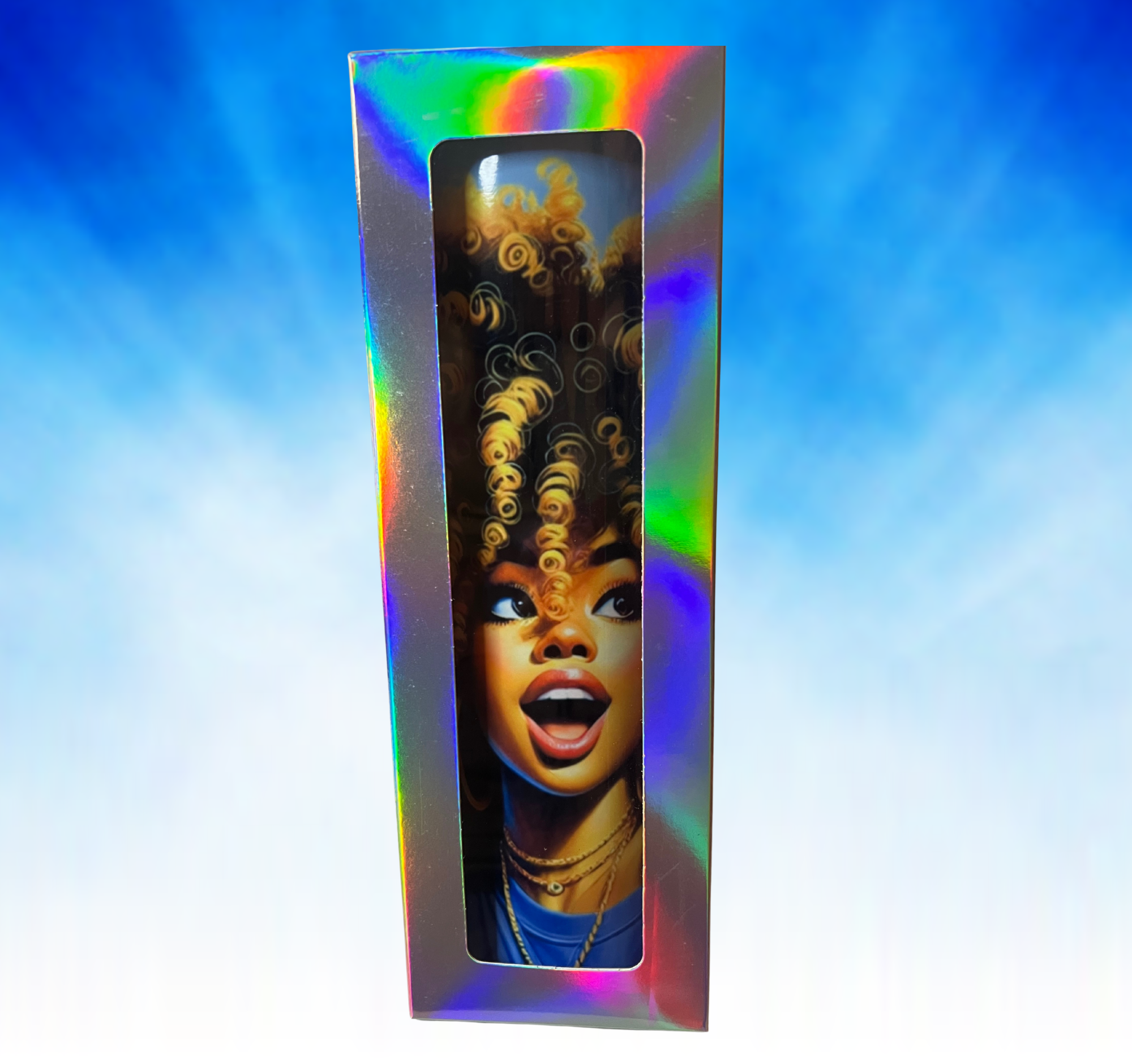 Golden Glow tumbler displayed inside Wrapping Angels™ gift box with filler paper and ribbon, ready for gifting.