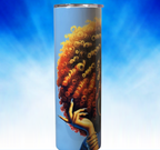 Left view showing golden curls cascading down the side of the tumbler with rich blue and honey tones.