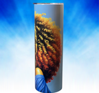 Top-down view of tumbler with clear lid and golden curl artwork encircling the rim.