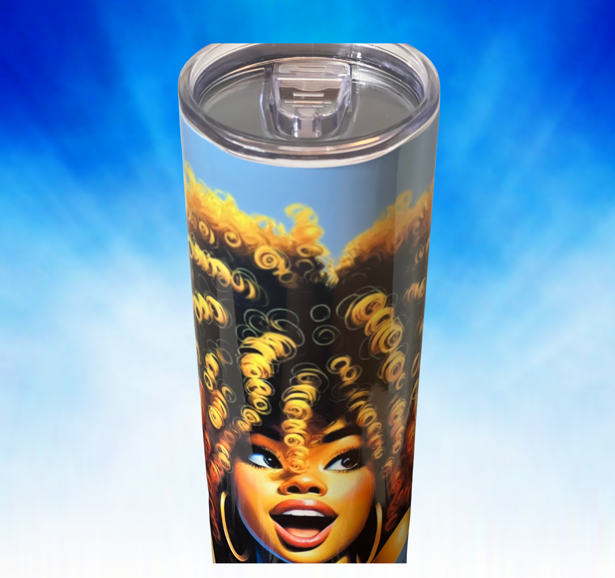 Top-down view of tumbler with clear lid and golden curl artwork encircling the rim.