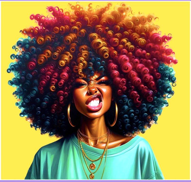 Person with a colorful afro hairstyle on a yellow background