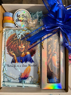 Boss Mindset gift set with blue afro journal, matching tumbler, blue bow, washi tape, 'Be the Change' sticker, and butterfly pin in gift box.