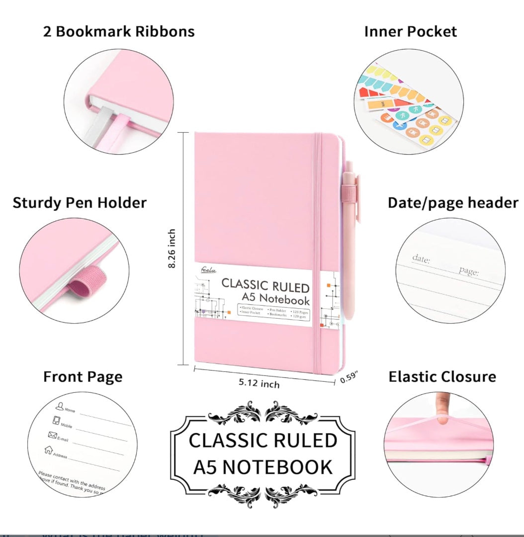 "Pink A5 classic ruled notebook with pen holder, elastic closure, inner pocket, date header, two bookmarks, and labeled diagram highlighting features."