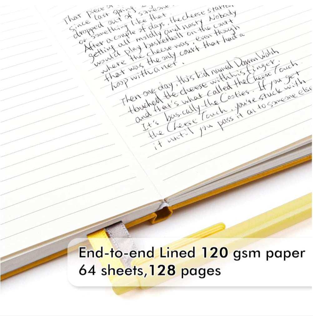 Self Made Motivation Journal bold hardcover notebook with 128 lined pages in pink or yellow, A5 size for goal-setting and motivation, featuring Unwritten Royalty design