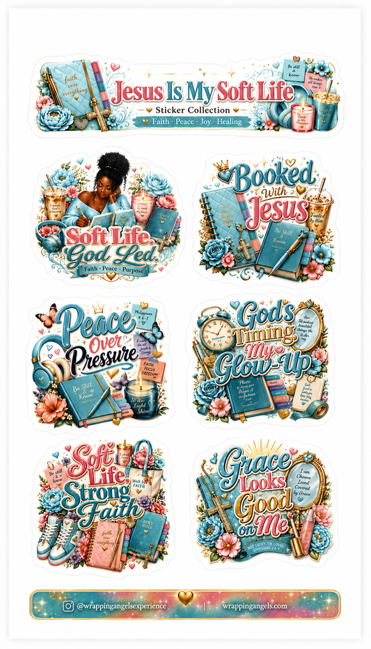 Jesus Is My Soft Life Sticker Collection by Wrapping Angels featuring turquoise Bible journal, gold cross charm, flowers, candles, faith notes, headphones, and Christian phrases about peace, joy, healing, and faith.