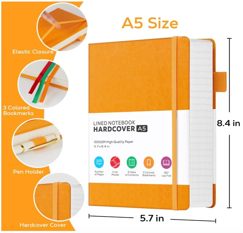 Hardcover journal showing elastic closure, pen holder, ribbon bookmarks, and labeled A5 dimensions on a light background