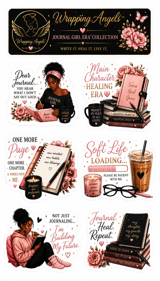 Journal Girl Era Collection luxury Christian sticker sheet featuring faith journaling stickers, healing journey quotes, Black girl journal art, soft life inspiration, planner accessories, books, coffee, flowers, and Christian encouragement displayed on a premium white 4x7 sticker sheet layout.