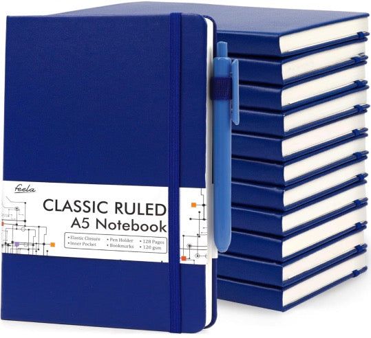 5 hardcover journal set with pen and elastic closure.