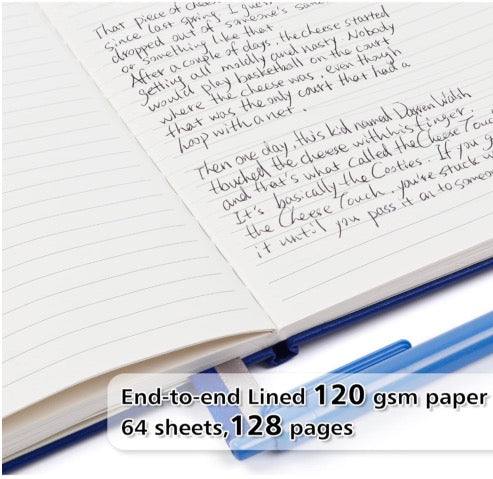 Navy A5 journal open to lined pages with 120gsm paper, 128 pages, and bookmark ribbons visible.