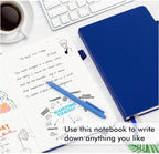 Navy A5 journal with open pages showing handwritten notes and marketing doodles, beside a pen, coffee cup, and keyboard.