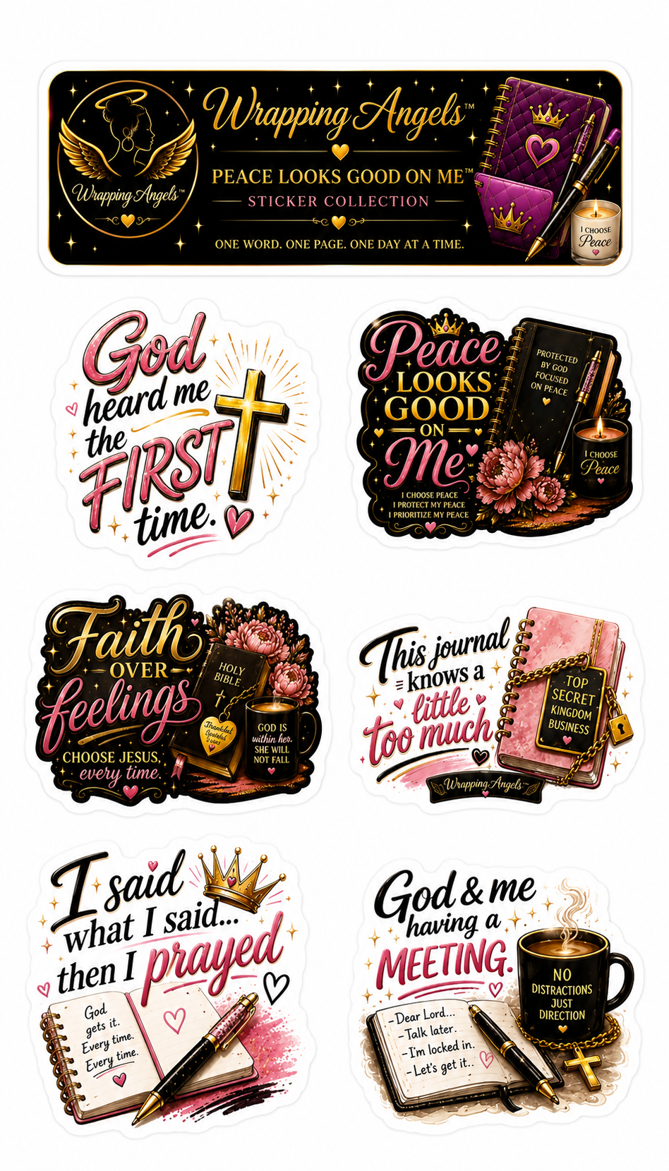 Luxury Peace Looks Good On Me Christian sticker sheet featuring feminine faith journaling stickers with prayer quotes, Bible themes, coffee cup designs, and elegant pink gold black Christian aesthetic on a premium white 4x7 layout.