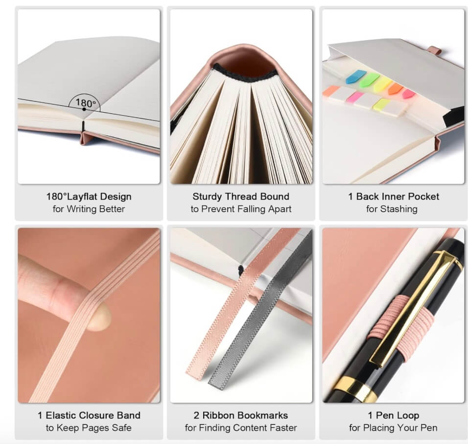 “Pink vegan leather A5 ruled journal notebook showing features: 180° layflat design, sturdy thread binding, back pocket with index tabs, elastic closure band, dual ribbon bookmarks, and pen holder loop.”